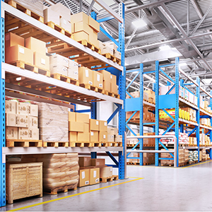 warehouse shelves full of boxes